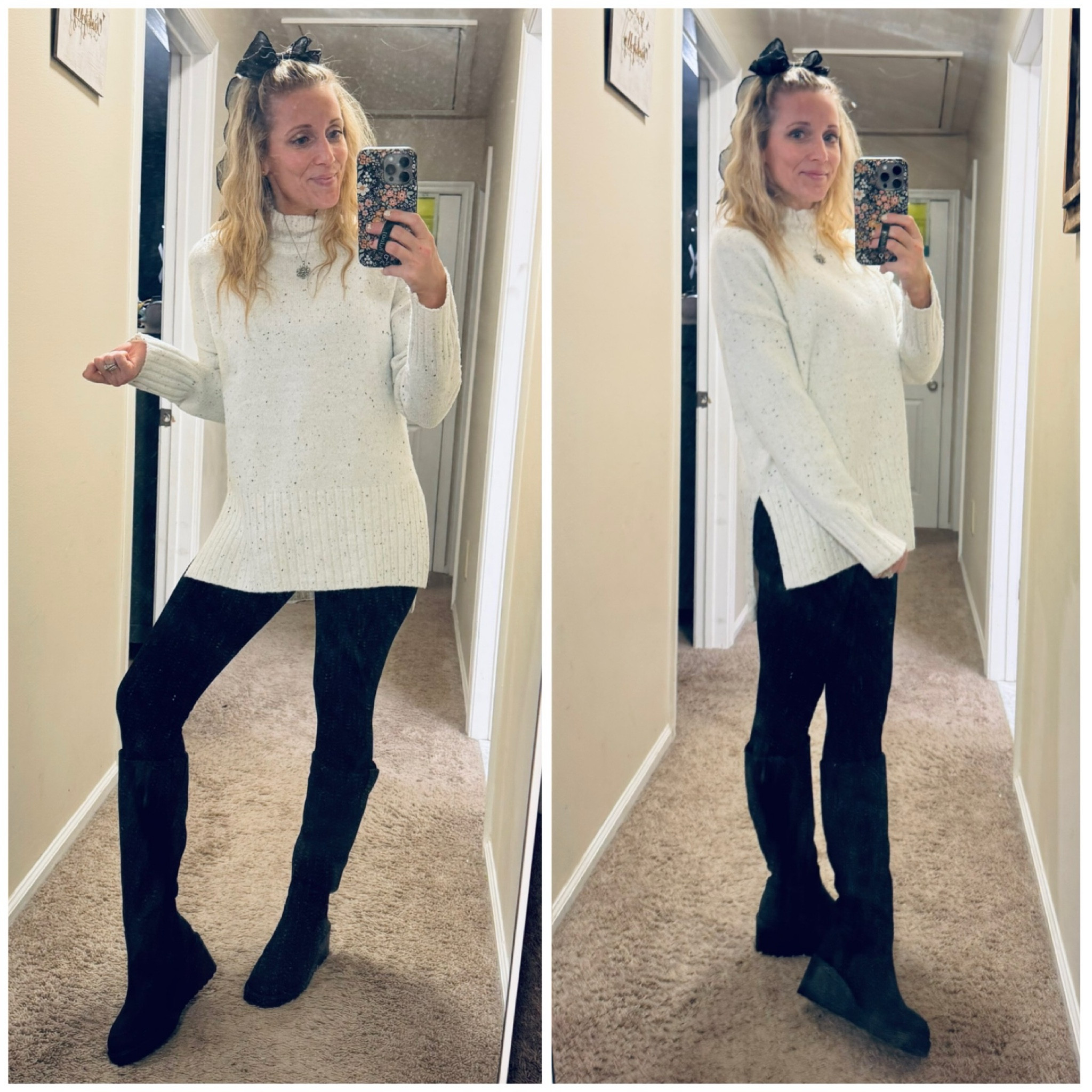 Cozy, chic, and ready for a winter night out. ❄️ 

Black Spanx leggings, a cozy white sweater, and muk luk boots that make walking in the crisp air feel like a breeze—finished off with a little sparkle from my glitter bow! ✨ 

#WinterVibes #DateNightOutfit

#LTKShoeCrush #LTKStyleTip