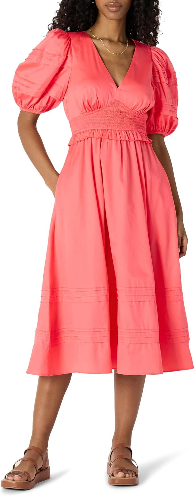 Amazon Essentials Women's Regular-Fit Cotton Sateen Puff Sleeve Midi Dress, V-Neck | Amazon (US)