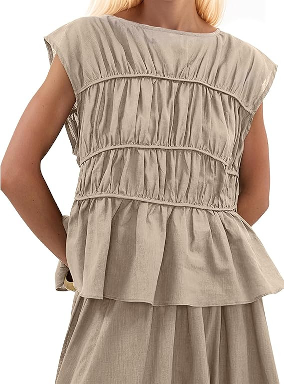 MISSACTIVER Women's Casual Tiered Shirred Tank Top Crew Neck Cap Sleeve Pleated Flared Hem Babydo... | Amazon (US)