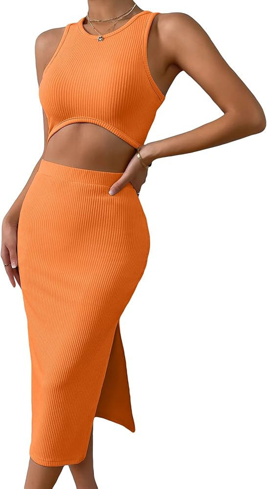 SheIn Women's 2 Piece Outfit Sleeveless Round Neck Tank Crop Top Split Bodycon Midi Skirt Sets | Amazon (US)