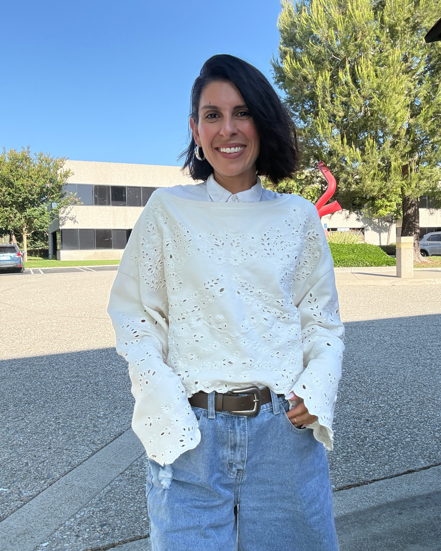 Casual with a polished twist. ✨ This eyelet sweater is the statement piece, while the denim culottes and white heels keep it fresh and easy to wear. Shop the look below! 🤍

#LTKootd #LTKPetite #LTKdayinmylife