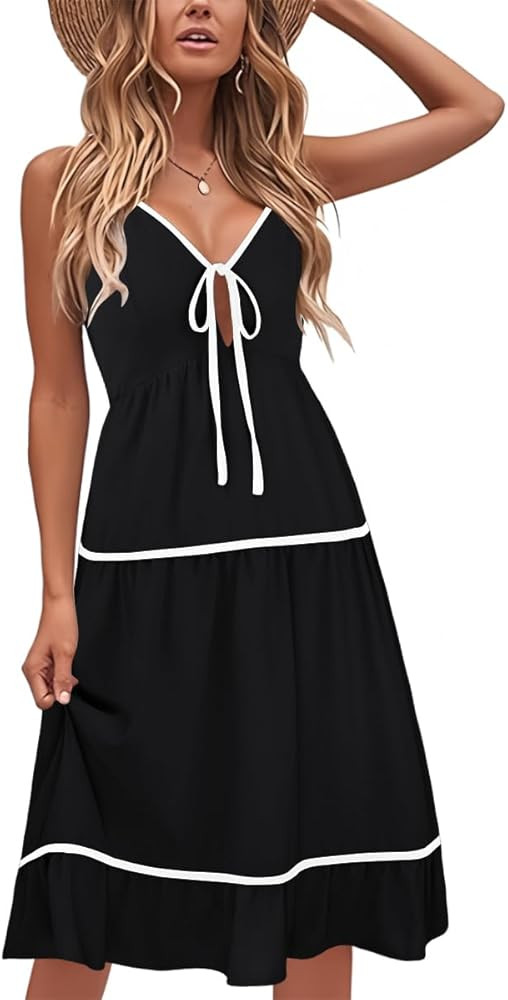 ECOWISH Women 2025 Summer Dresses Tie Front V-Neck Spaghetti Strap Button Down A-Line Backless Sw... | Amazon (US)