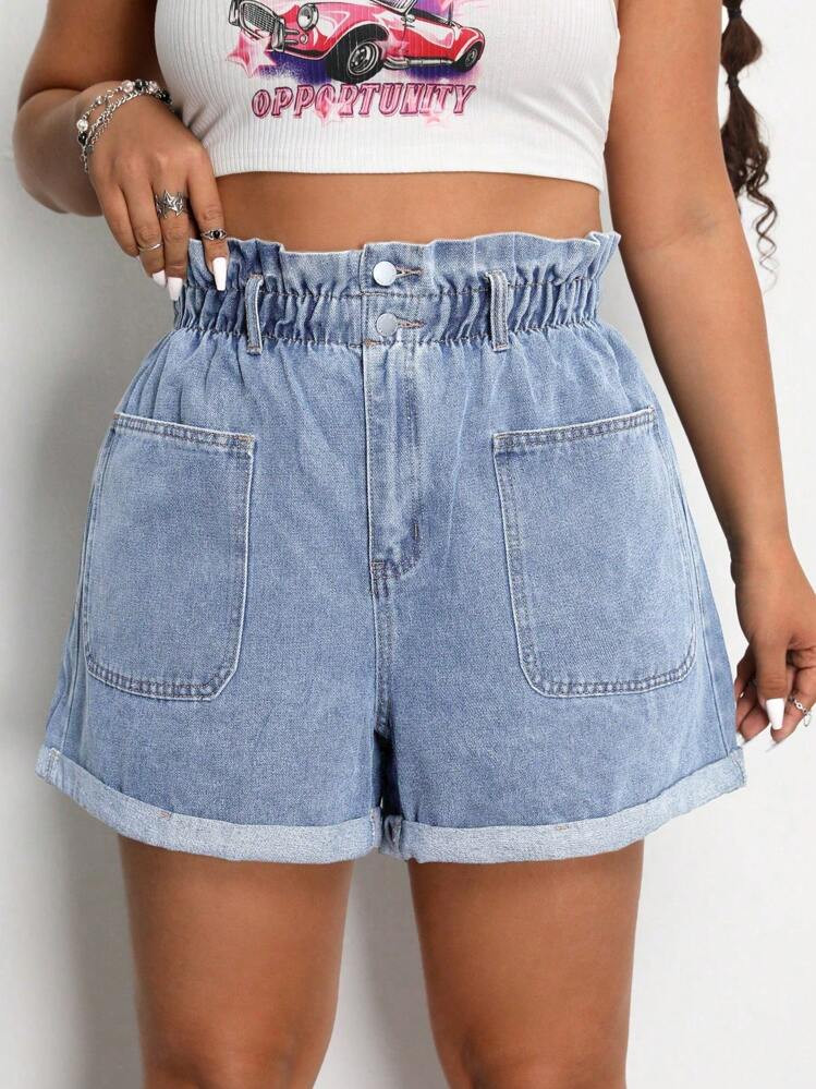 SHEIN ICON Plus Size Women Frill Trim Pocket Wide Leg Loose Casual Jean Shorts | SHEIN