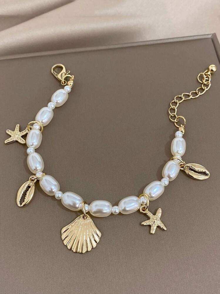 Shell & Starfish Charm Faux Pearl Decor Bracelet | SHEIN