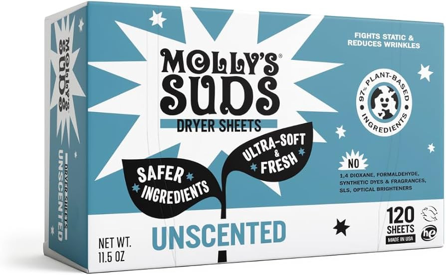 Molly's Suds Fabric Softener Dryer Sheets for Sensitive Skin | Plant-Based Static Reducer, Plasti... | Amazon (US)