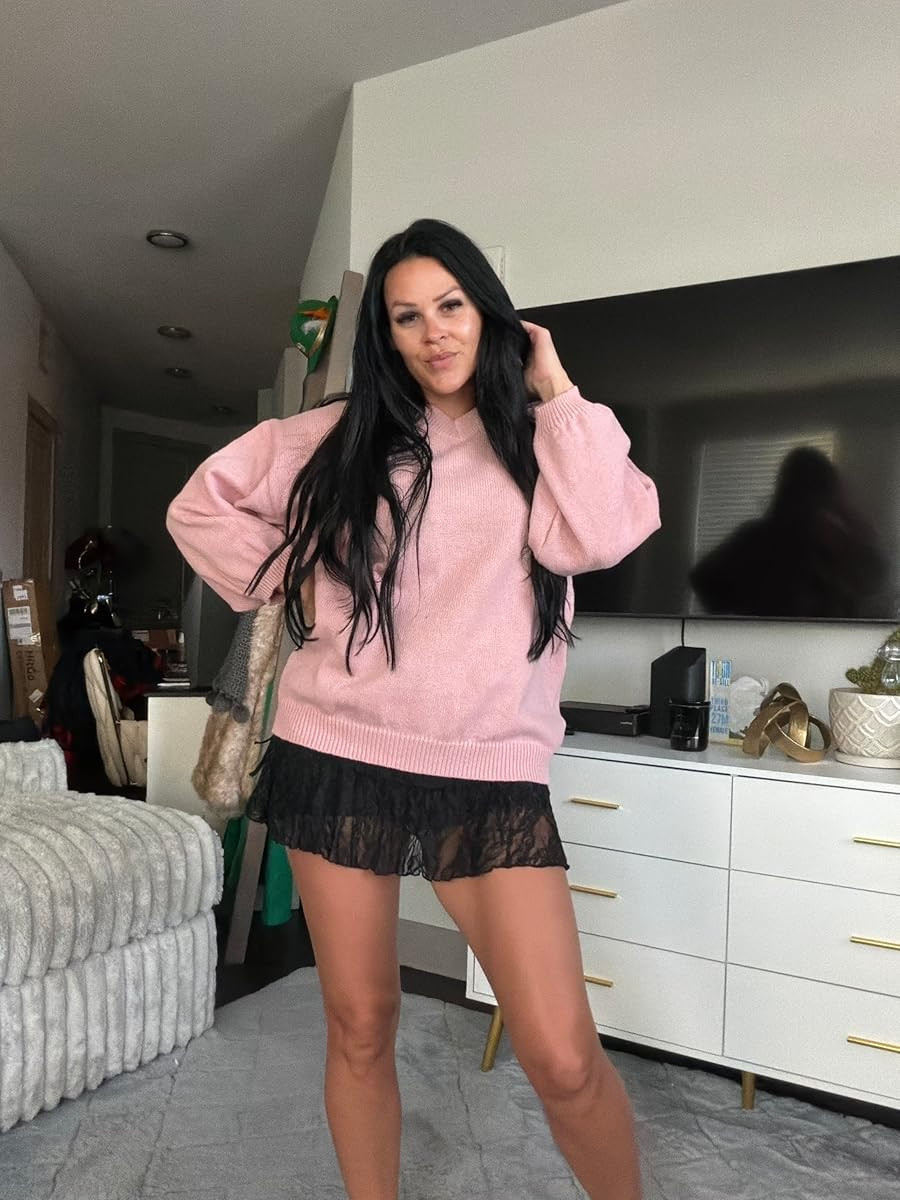 Stay cozy and cute in this pink oversized sweater paired with a flirty black lace mini skirt. The perfect effortless look for a casual day in or a coffee run. #PinkSweater #LaceSkirt #CozyStyle 

 #LTKdayinmylife #LTKootd #LTKSaleAlert