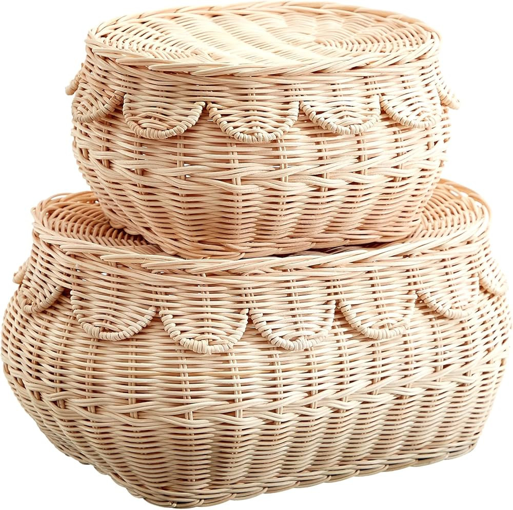 Small scalloped basket Set, Hand woven rattan basket with lid, scallop tray, Storage wicker baske... | Amazon (US)