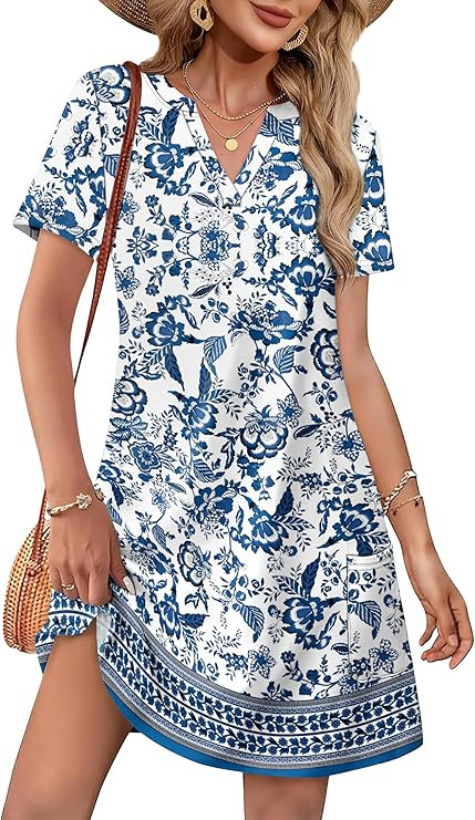 WIHOLL Dresses for Women 2026 Casual Summer V Neck Wedding Guest Dress Short Sleeve Fashion Beach... | Amazon (US)