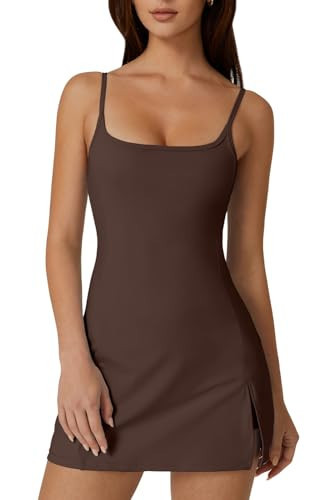 QINSEN Athletic Dress with Built in Shorts Workout Dress for Tennis Golf Mini Dresses for Women Brown L | Amazon (US)