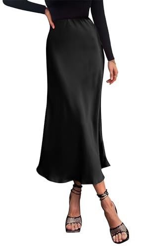 PRETTYGARDEN Women's Satin Skirts Dressy Casual 2025 Fall High Waisted Cocktail Wedding Flowy Elegant A Line Midi Skirt (Black,Large) | Amazon (US)