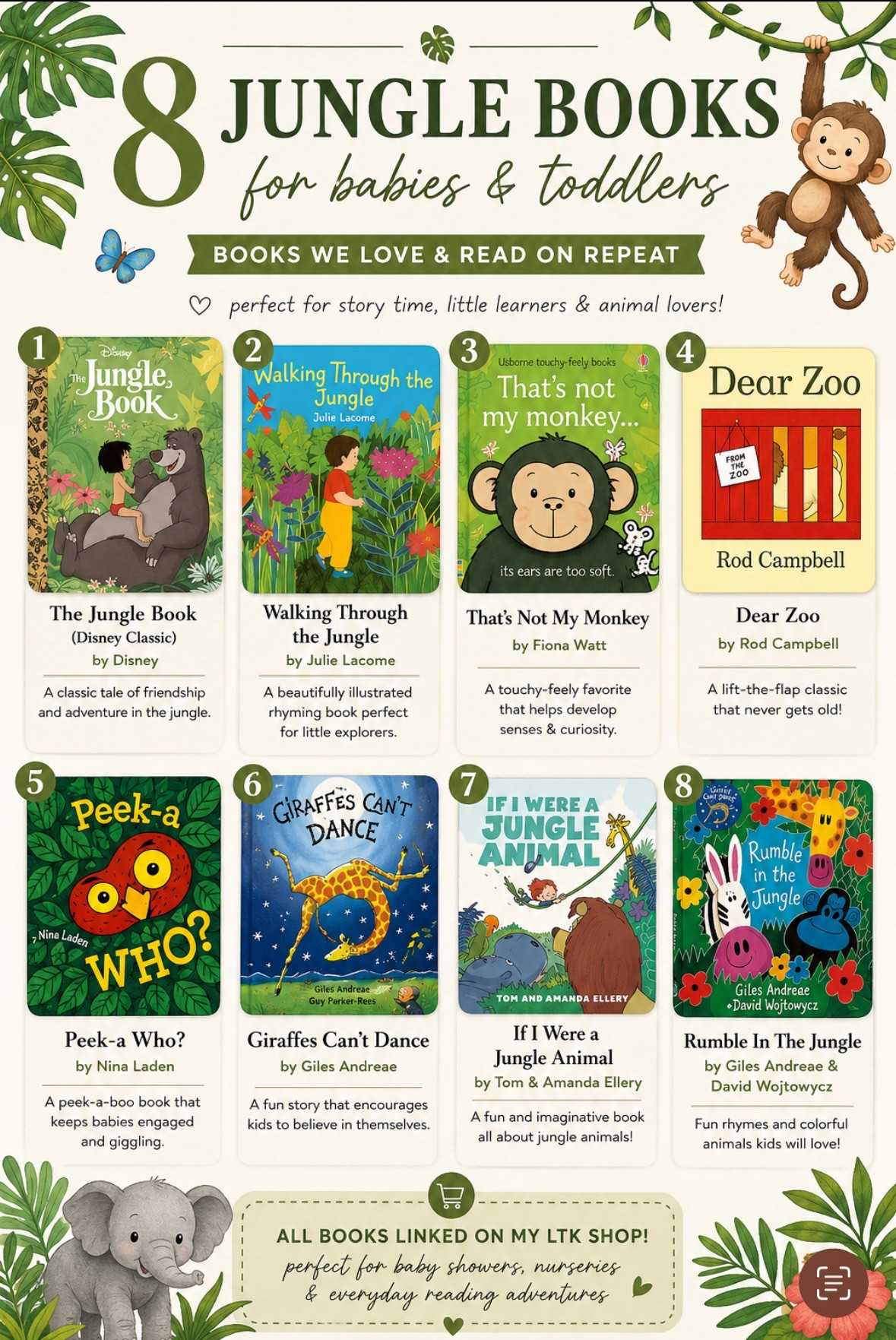 Looking for the sweetest baby shower gift or books to add to a little one’s library? 🌿📚 These jungle themed board books are some of our favorite books for babies & toddlers and are perfect for story time, nursery shelves, first birthdays, and the 1000 Books Before Kindergarten challenge 🐒✨ All linked on my LTK!

#LTKBaby #LTKKids #LTKmomlife