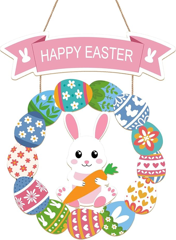 Easter Decorations for Front Door, Wooden Hanging Bunny Egg Wreath, Happy Easter Porch Welcome Si... | Amazon (US)