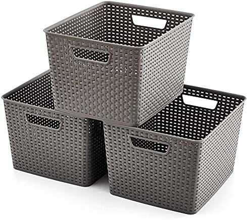EZOWare Woven Plastic Storage Baskets, Large Organizer Knit Basket Bins - Pack of 3 | Amazon (US)