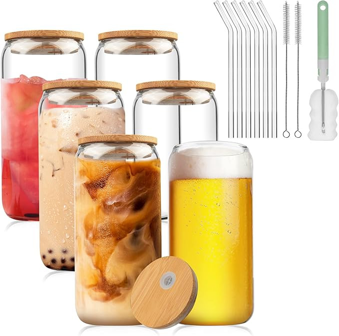 RAYMENGE Can Glasses with Lid and Straw,Drinking Glasses 6 pcs Set,16oz Multipurpose Can Shaped G... | Amazon (US)