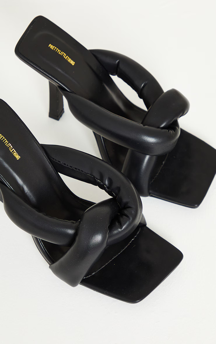 Black Pu Square Toe Quilted Knot High Heeled Mules | PrettyLittleThing US