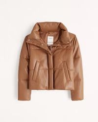 A&F Vegan Leather Mini Puffer | Camel Puffer Coat | Tan Puffer Coat Leather Puffer Coat Fall Jacket | Abercrombie & Fitch (US)