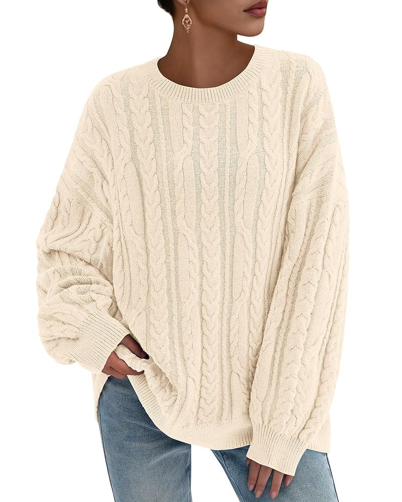 KIRUNDO Oversized Cable Knit Sweater Women 2025 Early Fall Fashion Chunky Cozy Long Sleeve Crewne... | Amazon (US)