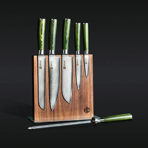 6 pc Japanese Damascus Steel Knife Set w/ Magnetic Knife Block | Hexclad UK
