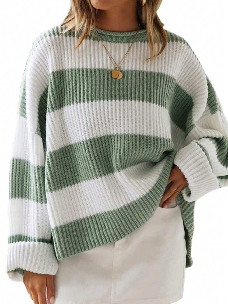 EMERY ROSE Plus Size Women Spring And Autumn Loose Round Neck Drop-Shoulder Long Sleeve Striped C... | SHEIN