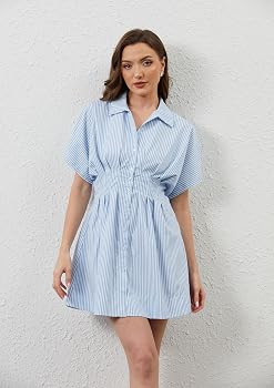 Women Button Down Pleated Shirt Dress Striped Short Sleeve Summer Casual Business Flowy Mini Shor... | Amazon (US)