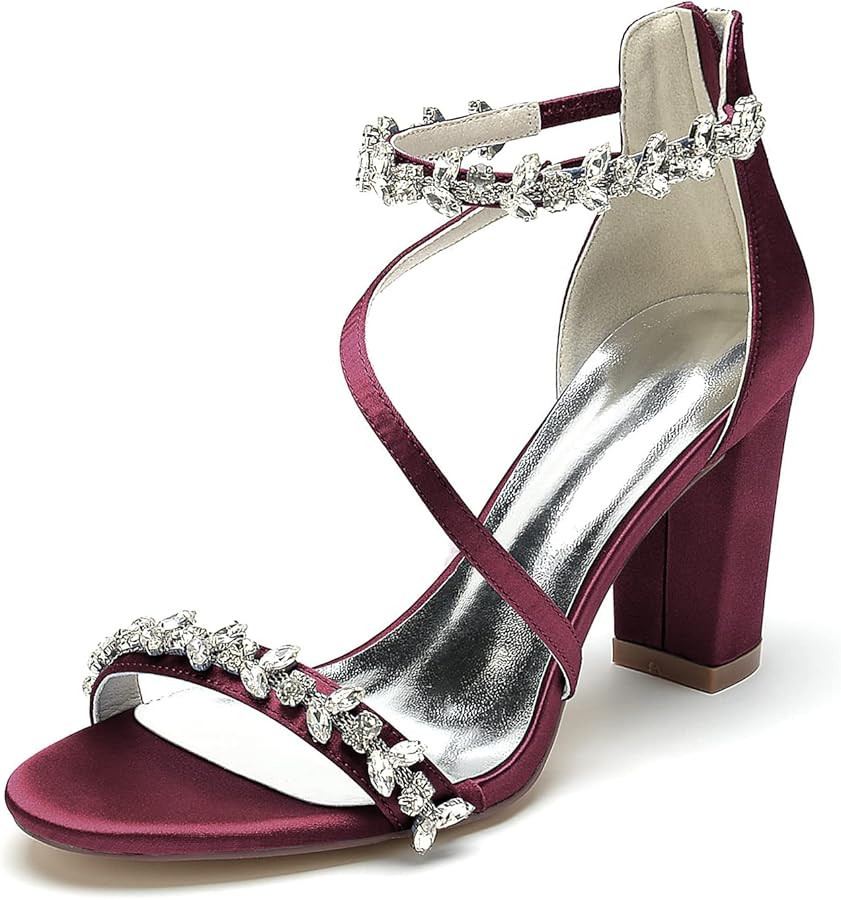 Women's Block Chunky High Heels Open Toe Crystal Wedding Pumps Ankle Strap Evening Prom Dance Par... | Amazon (US)