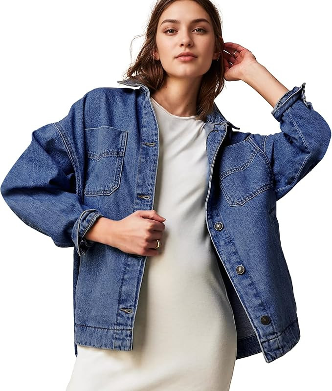 Women Denim Jackets Long Sleeve Plus Size Bottom Down Side Slit Vintage City Jean Jacket Shacket ... | Amazon (US)