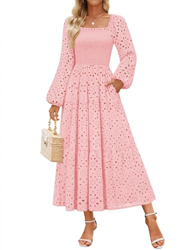 ZESICA Women's Spring Long Sleeve Maxi Dresses 2026 Square Neck Hollow Out Eyelet Smocked A Line ... | Amazon (US)