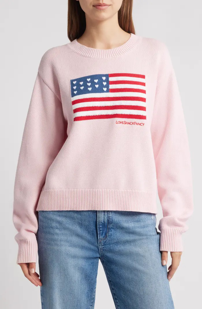 LoveShackFancy Ty Intarsia Flag Cotton Crewneck Sweater | Nordstrom | Nordstrom