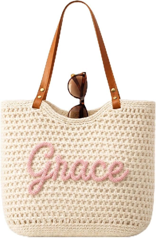 Personalized Crochet Beach Bag for Women, Custom Name Woven Tote Bag with Inner Lining & Pocket, ... | Amazon (US)