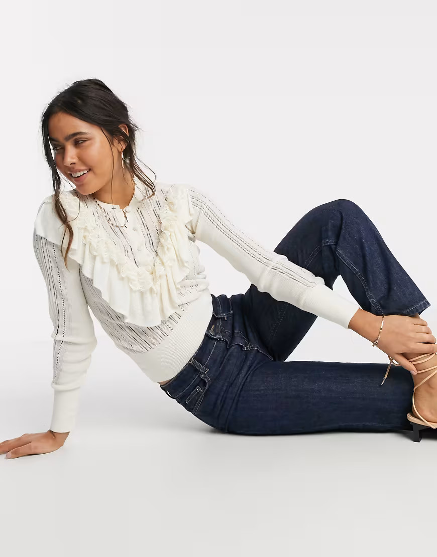 River Island frill detail lace jumper in cream | ASOS (Global)