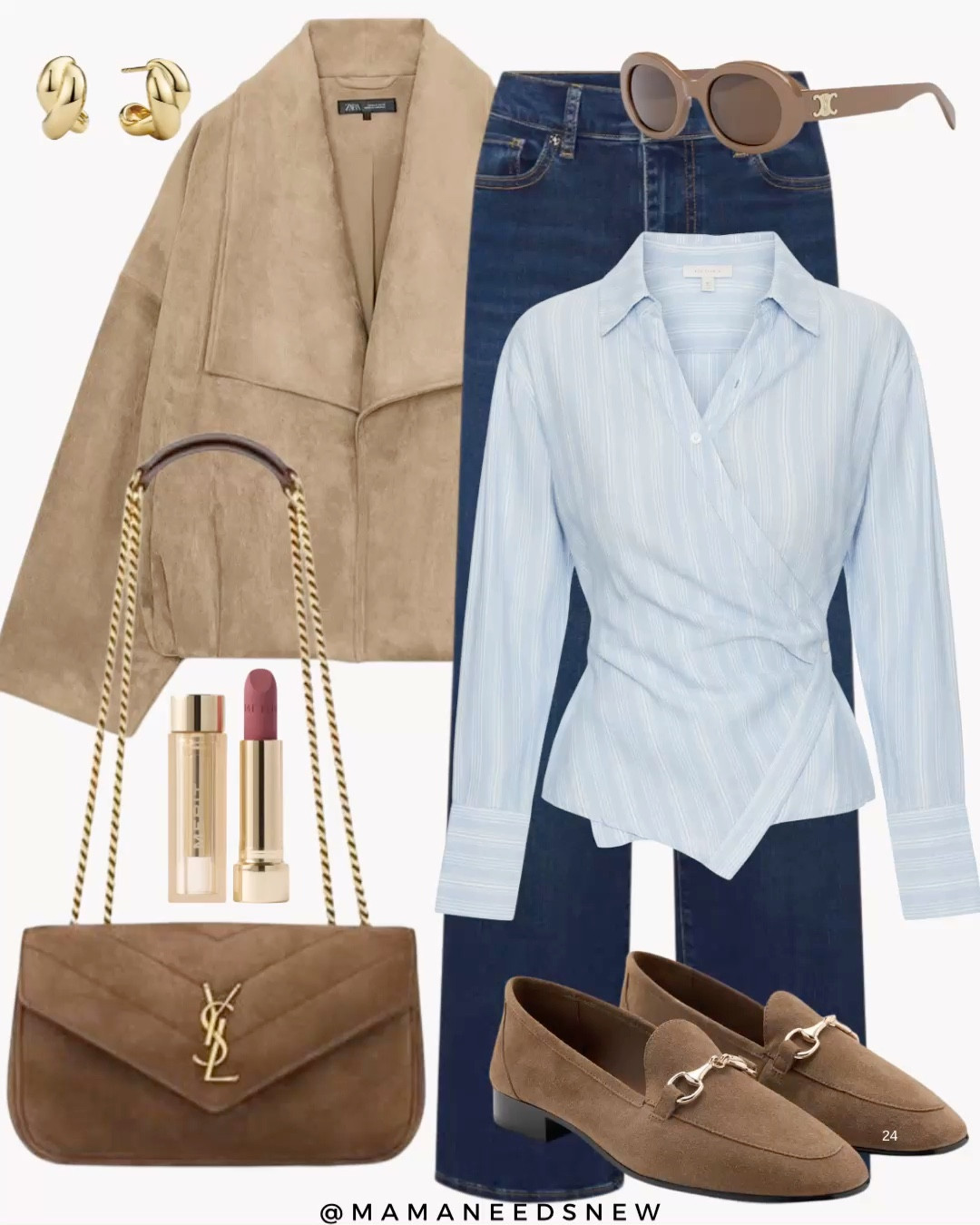 A spring outfit with a suede jacket, wrap shirt, jeans, suede bag, loafers 

#LTKootd #LTKSeasonal #LTKSaleAlert