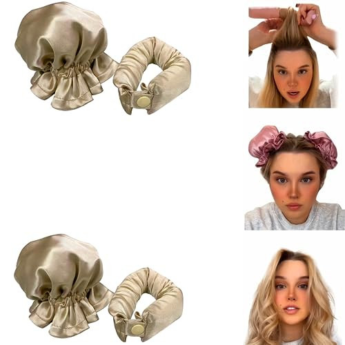 Rukebu Satin Heatless Hair Curling Set, Hair Rollers for Heatless Curls with Hair Caps, 2 SET, cream-coloured | Amazon (US)