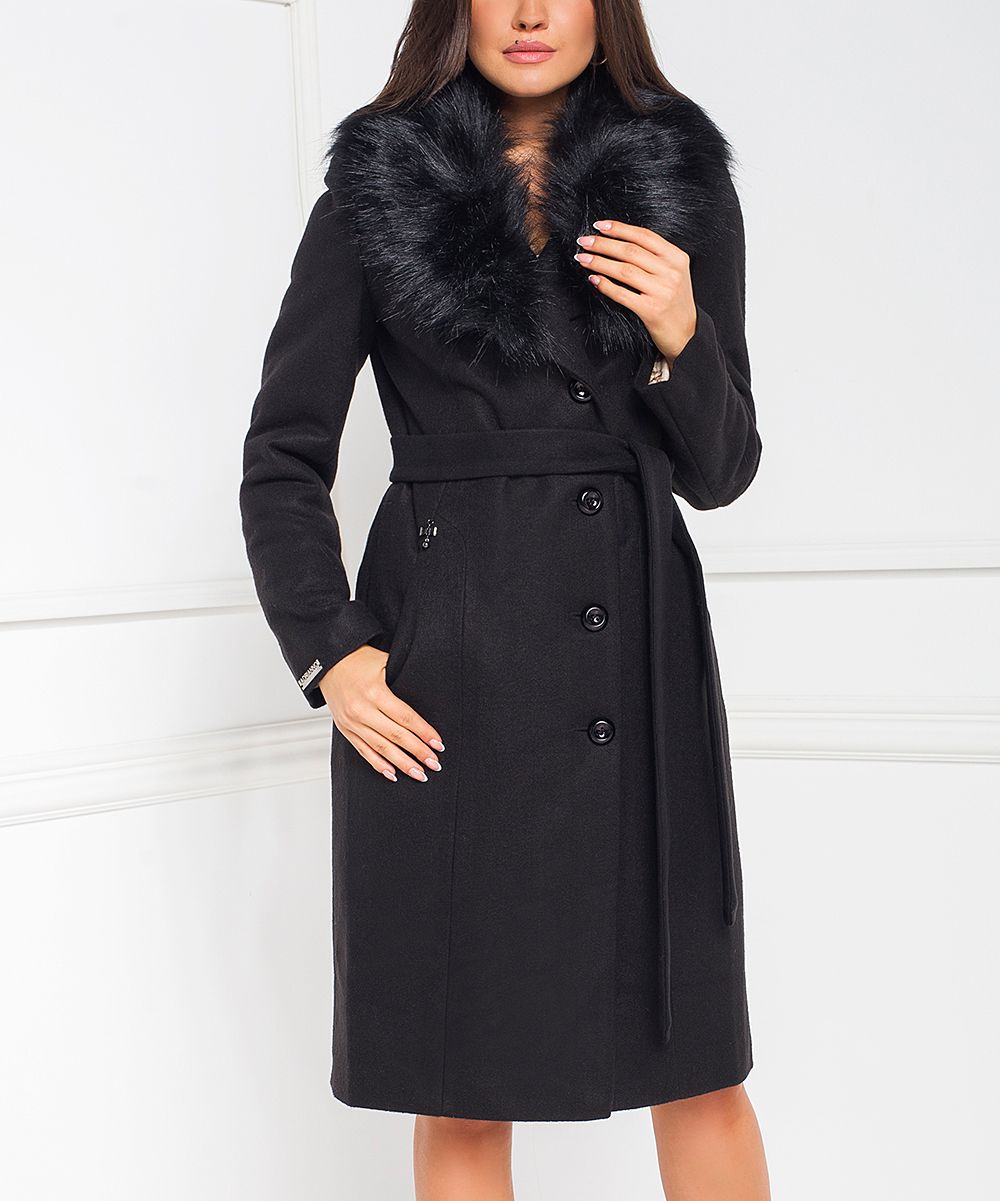 Ciriana Women's Car Coats black - Black Faux-Fur Collar Trench Coat - Women | Zulily