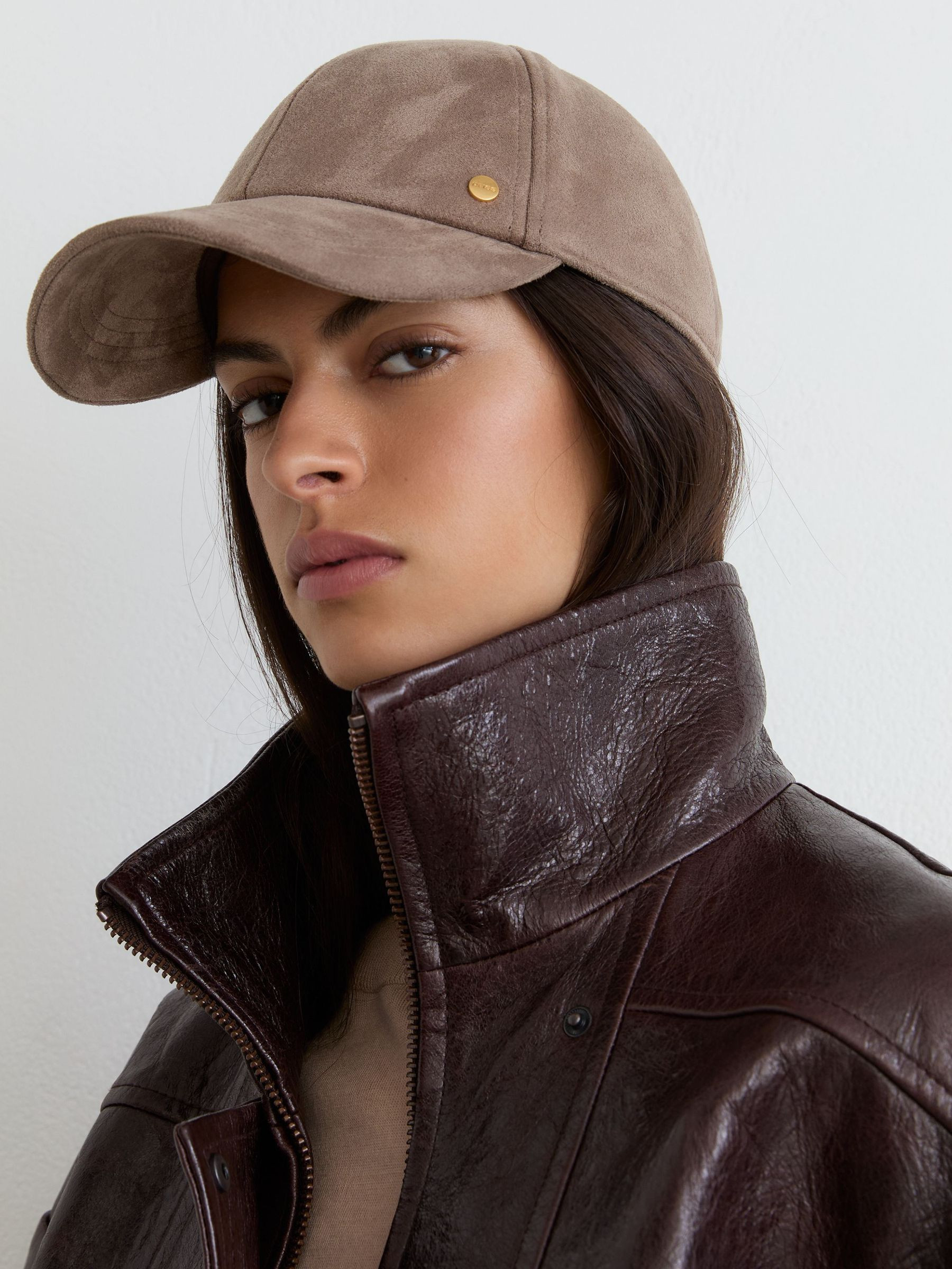 Reiss Faux Suede Baseball-Style Cap in Taupe - REISS | Reiss UK