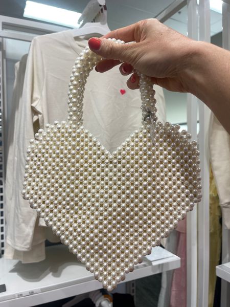 Pearl heart shaped bag from Target. 
Valentine’s Day Outfit
Pearl accessories 
Pearl bag 