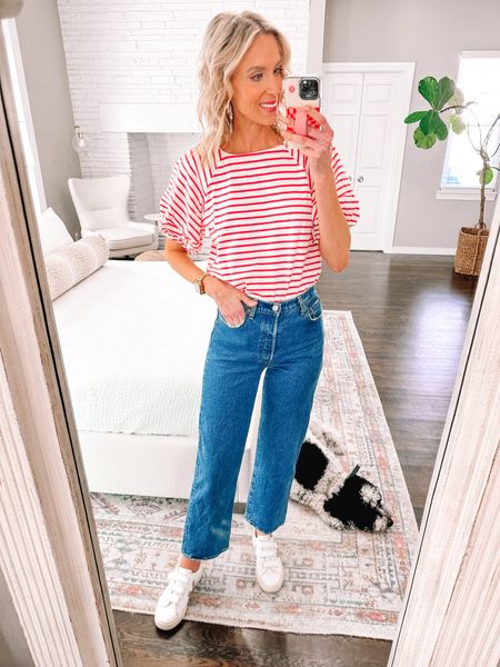 Loving this striped balloon sleeve blouse from Walmart! 

Walmart try on / Levi’s / spring outfit / short sleeve top / high waisted jeans 

#LTKfindsunder100 #LTKfindsunder50 #LTKshoecrush