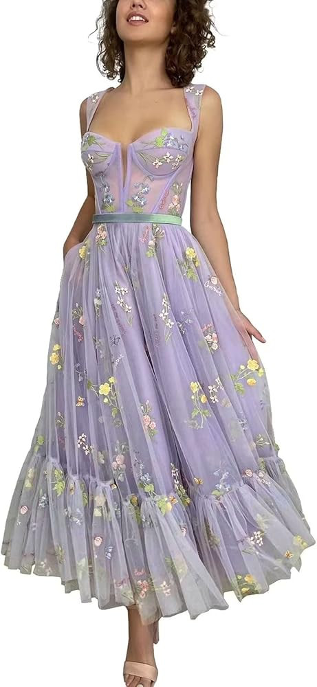 Fivsole Women's Puffy Sleeve Prom Dresses Flower Lace Tulle Formal Evening Party Gowns | Amazon (US)