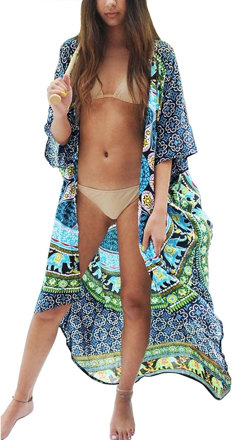 Womens Chiffon/Rayon Beach Blouses Kimono Cardigan Long Bikini Cover Up | Amazon (US)