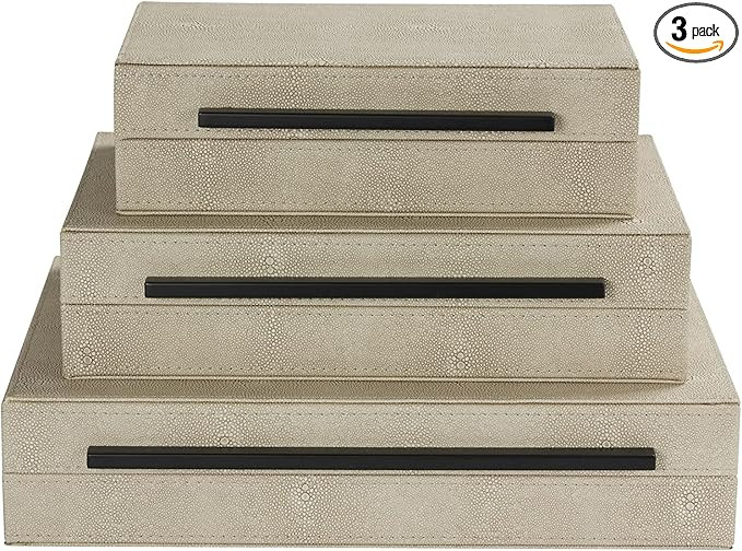 Set of 3 Ivory faux Shagreen Leather Decorative Storage Boxes with Black Metal Handles- Stylish a... | Amazon (US)