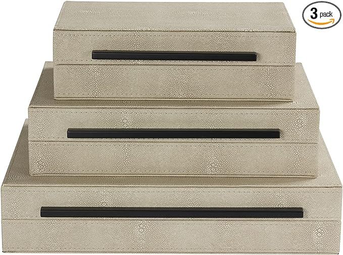 Set of 3 Ivory faux Shagreen Leather Decorative Storage Boxes with Black Metal Handles- Stylish a... | Amazon (US)