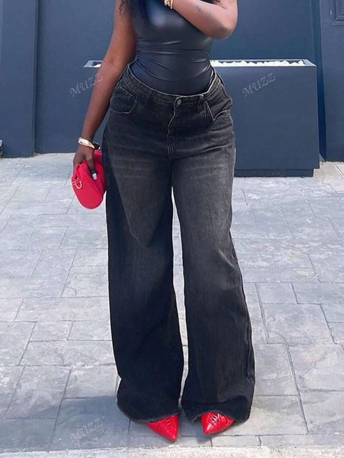 (Cotton Available) Women's Vintage Frayed Wide Leg Denim Pants | SHEIN