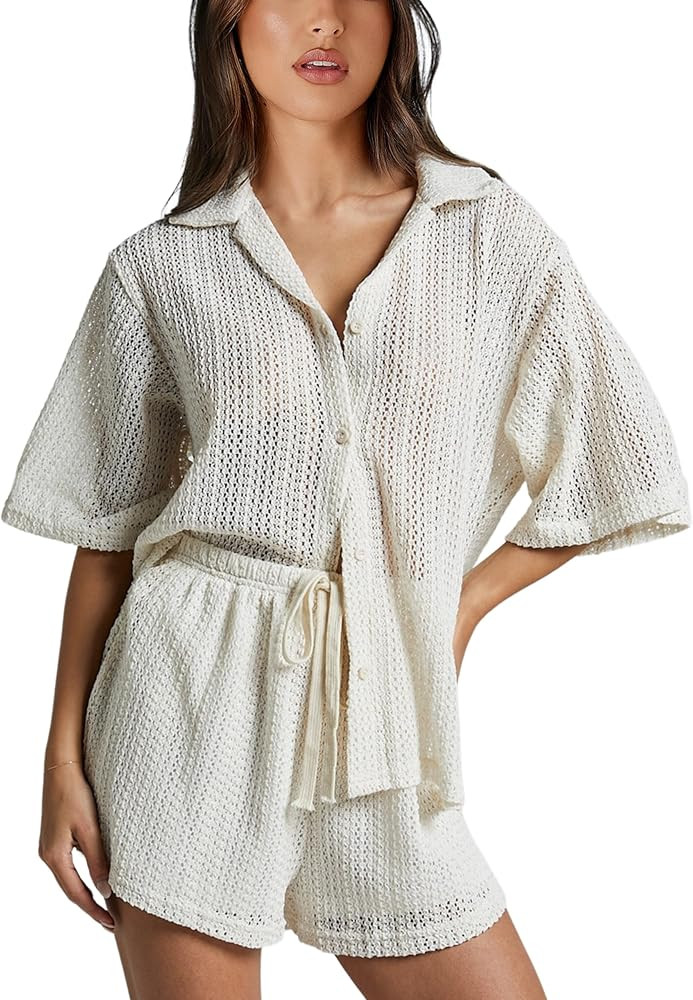 2 Piece Crochet Swimsuit Cover Ups for Women Hollow Out Knit Half Sleeve Tops Shorts Sets | Amazon (US)
