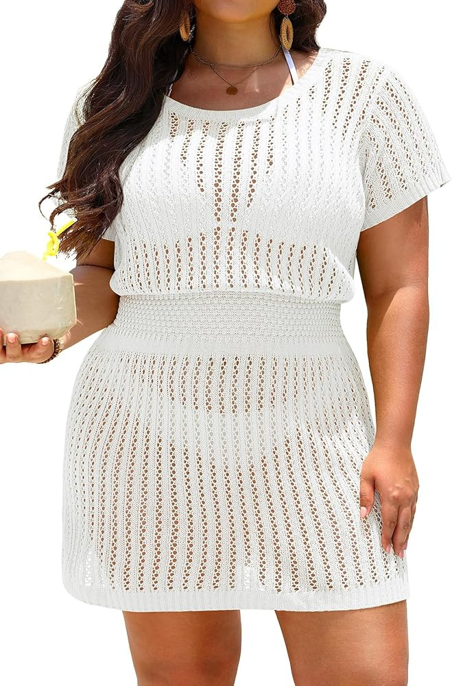 Aqua Eve Women's Plus Size Swimsuit Cover Up - Crochet Bathing Suit Coverup 2025 Short Sleeve Bea... | Amazon (US)