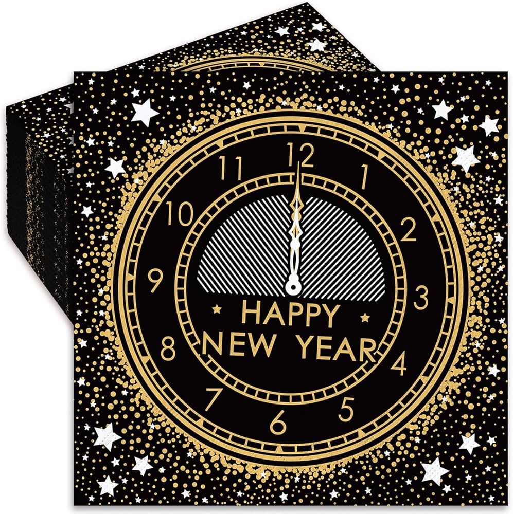 80Pcs Happy New Year Paper Napkin Ring in the New Year Disposable Dinner Napkin Black Gold Lunche... | Amazon (US)