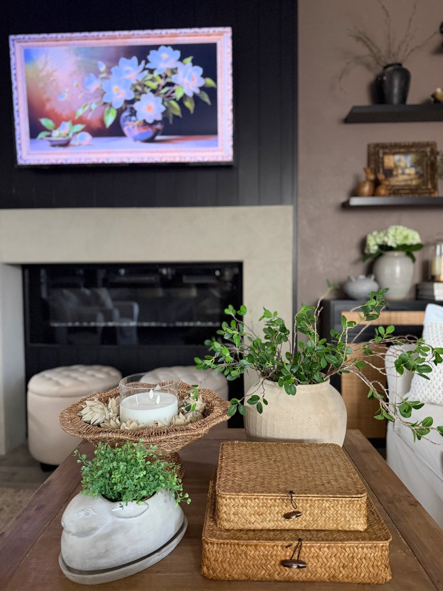 Neutral spring decor, rattan baskets, oversized vase, natural faux greenery, bunny planter 

#LTKHome #LTKSpringSale #LTKSeasonal