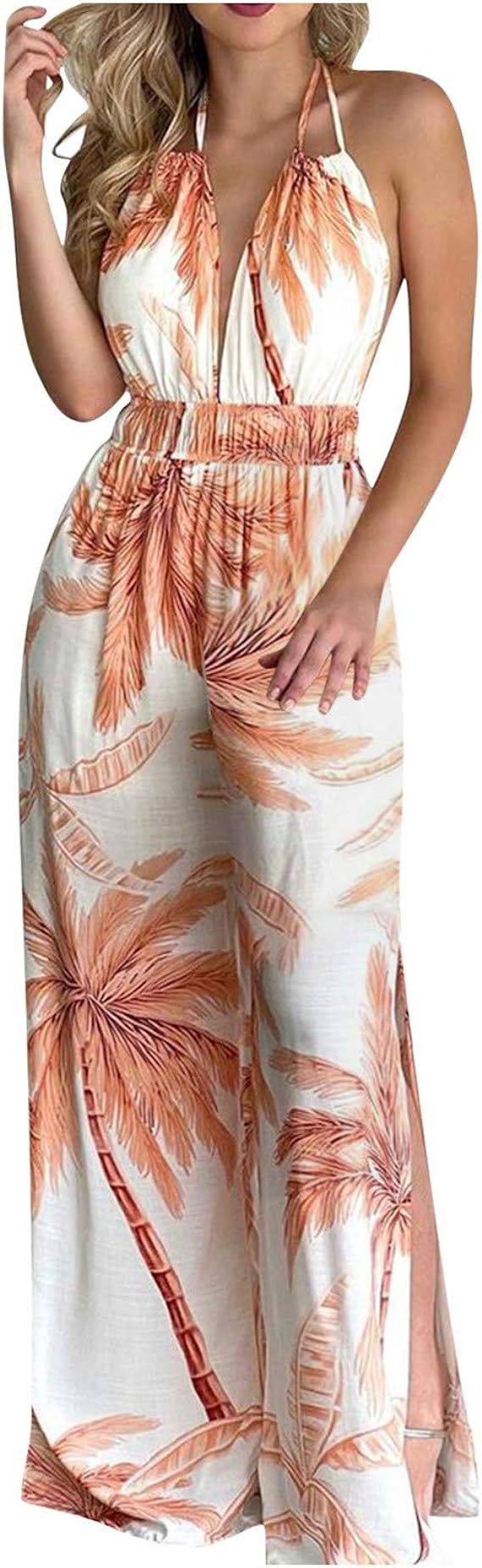 Halter Backless Slit Print Leg Women Fashion Jumpsuit Floral Women's Jumpsuit Women Jumpsuits | Amazon (US)