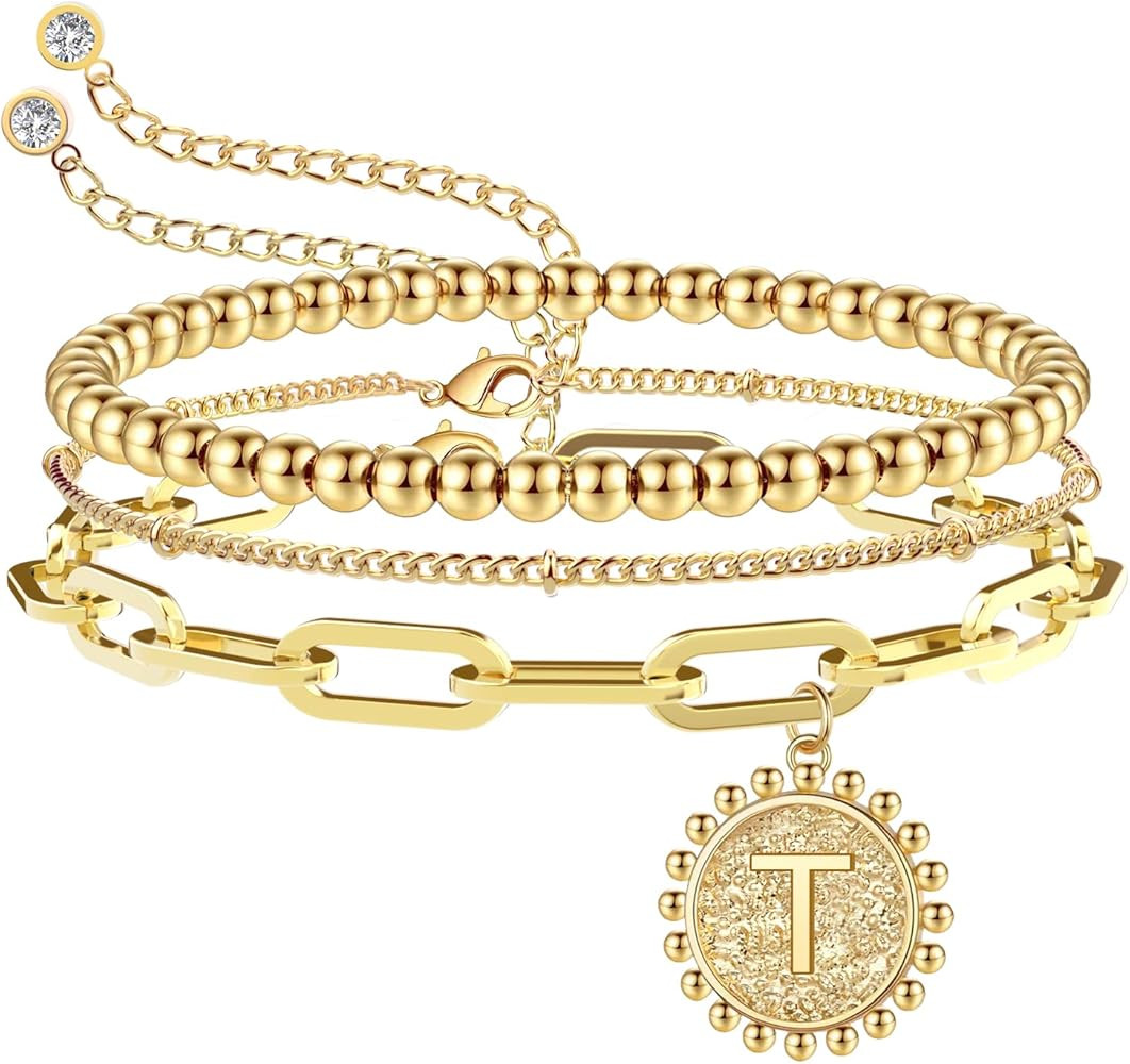 PDWZNBA Gold Initial Bracelets for Women 14K Gold Plated Beaded Bracelets for Women Teen Girls Gold  | Amazon (US)