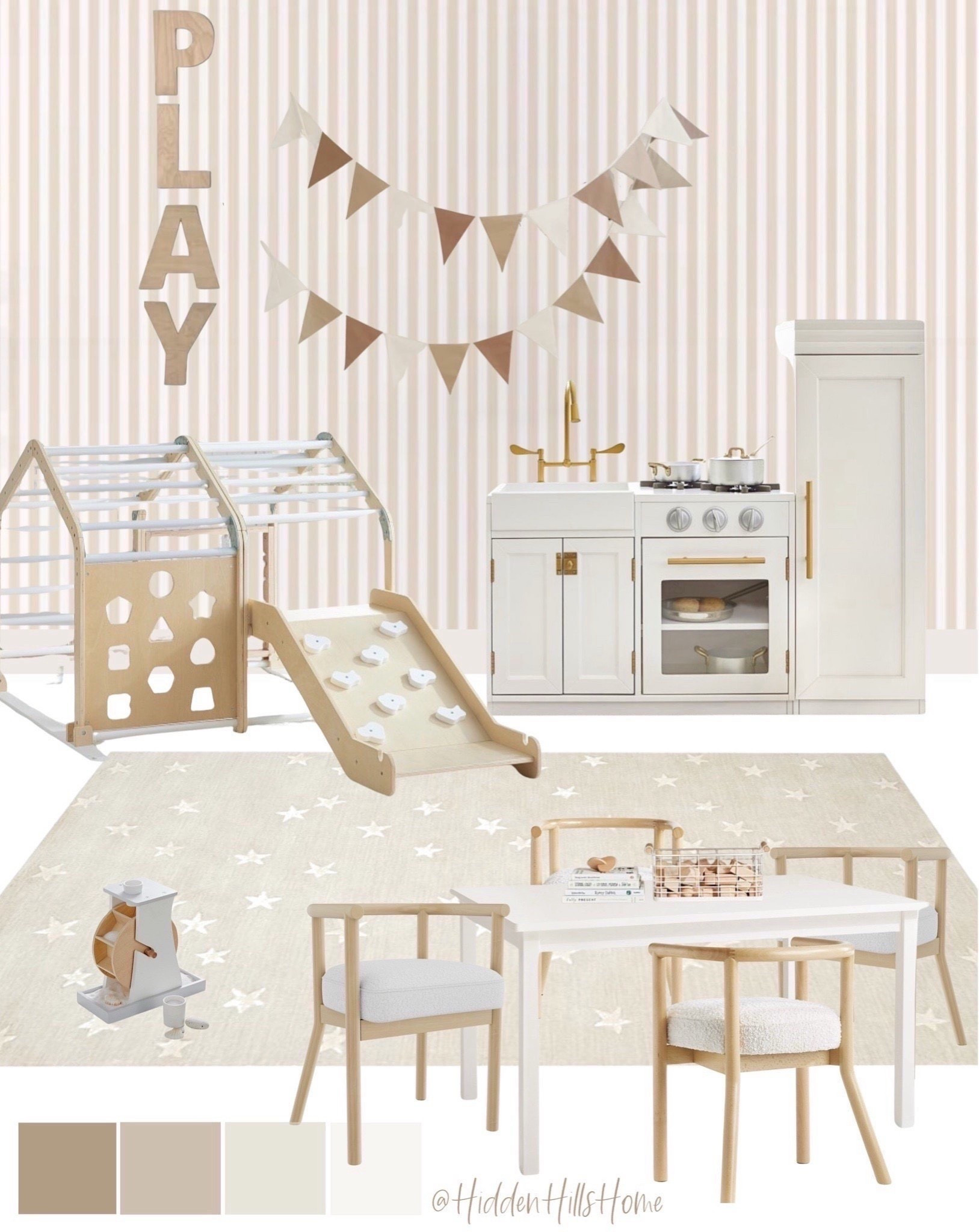 Modern classic kids playroom mood board, playroom design inspiration, playroom inspiration, neutral playroom #playroom 

#LTKHome #LTKGiftGuide #LTKKids