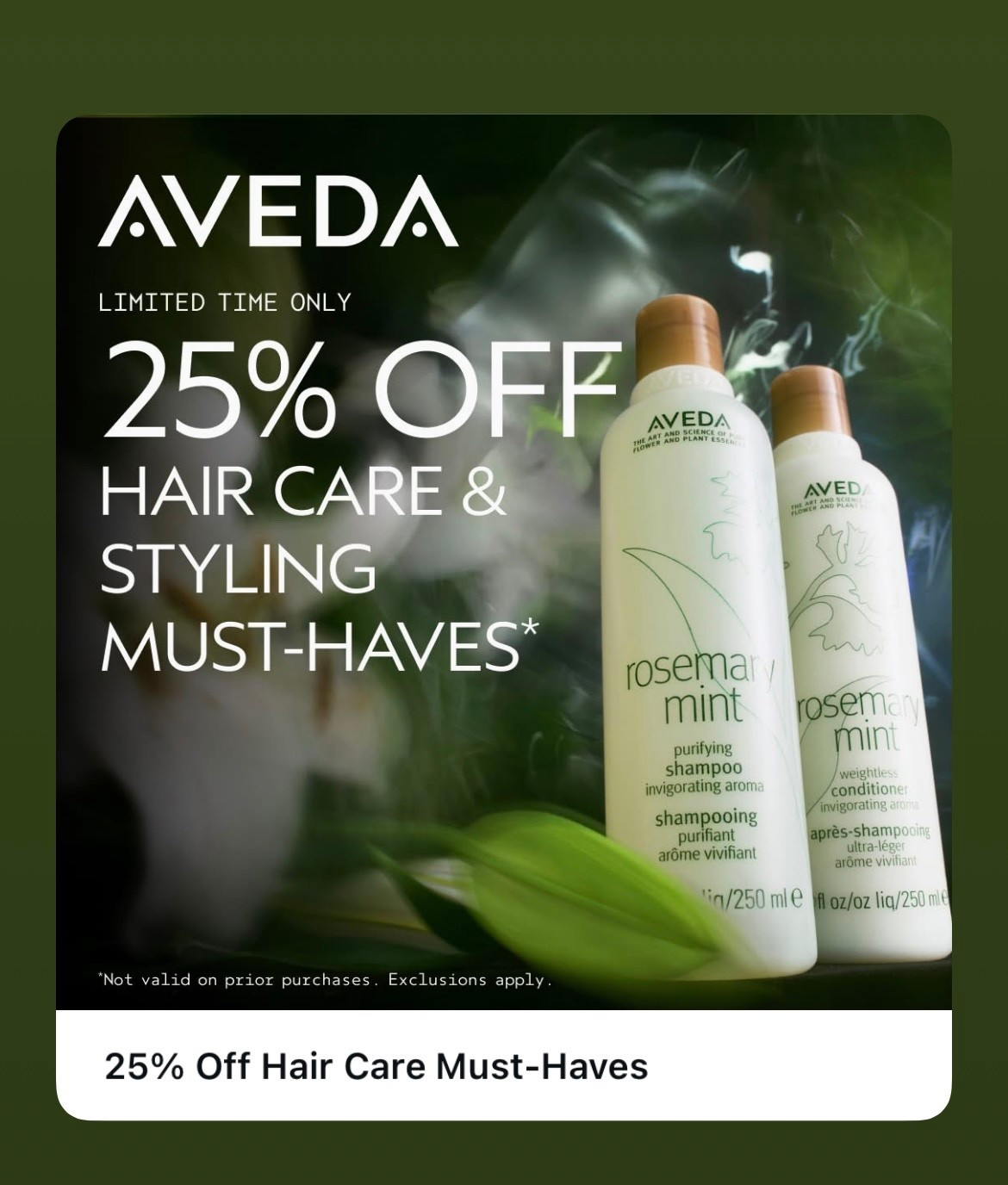 25% off Aveda shampoos, and select hair styling products. I’ve selected my favorites. 