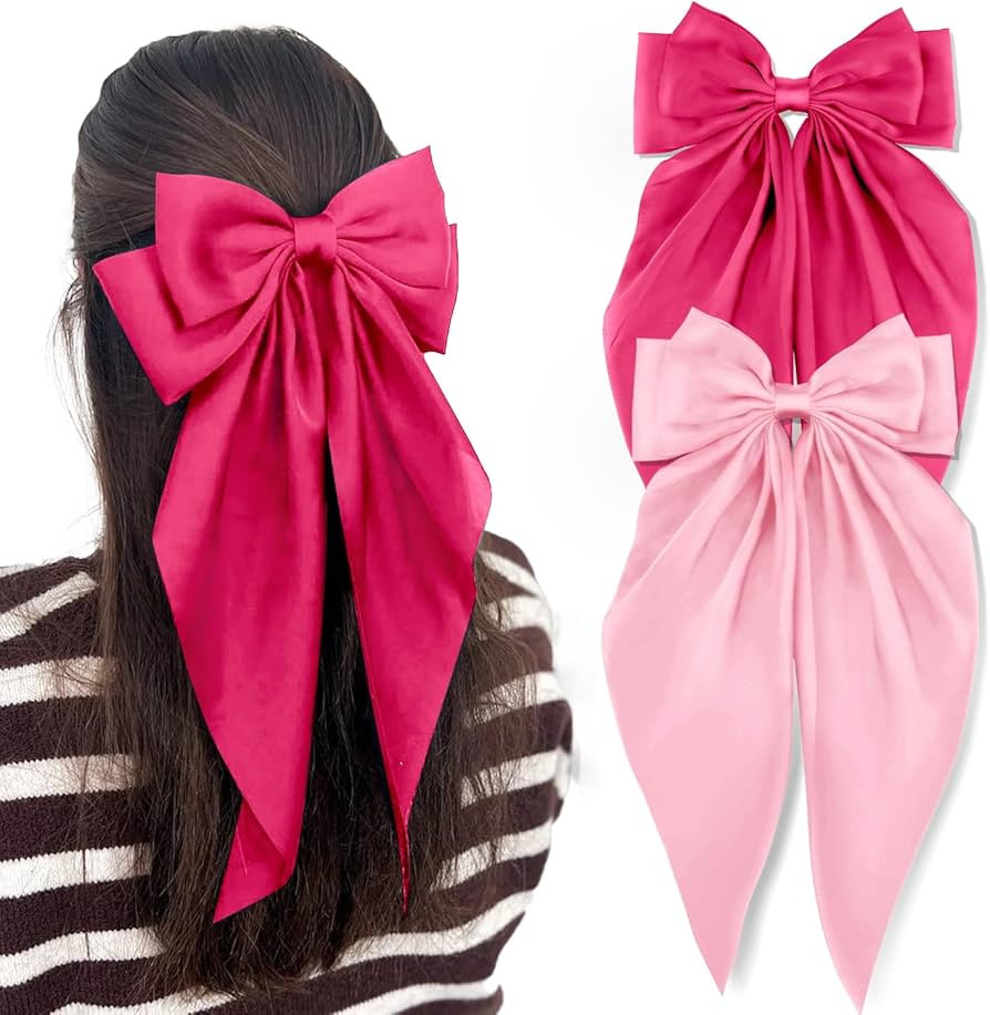 2 Pcs Silky Satin Big Hair Bows Ribbon Hair Barrettes Clip, Large Bow Hair Slides Metal Clips Fre... | Amazon (US)